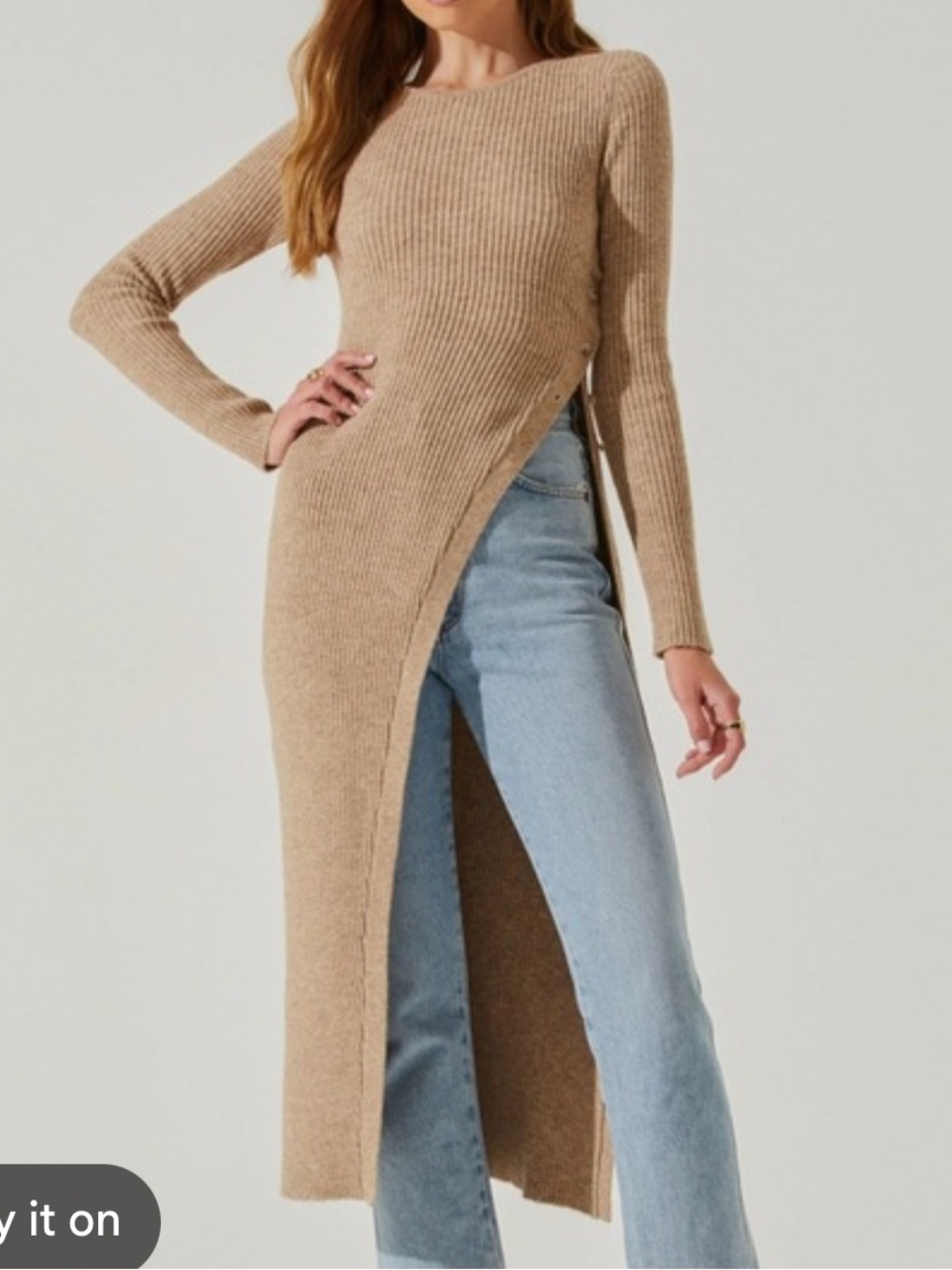 ASTR The Label Tan Rib Knit Side Button Slit Midi Sweater Dress Size Small - Picture 4 of 10